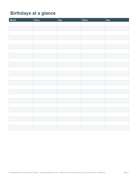 Preview of the first page of Year-at-a-glance list
