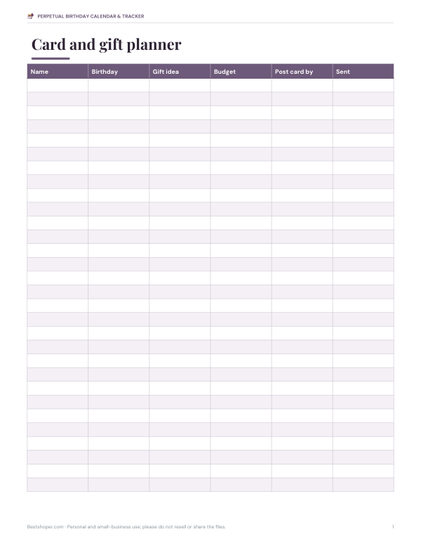 Preview of Printable Card and Gift Planner