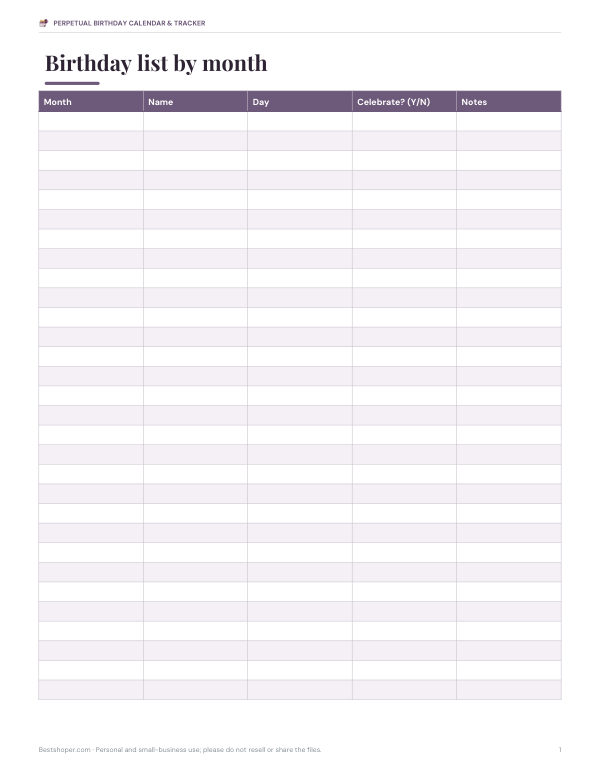 Preview of Printable Birthday Calendar Template