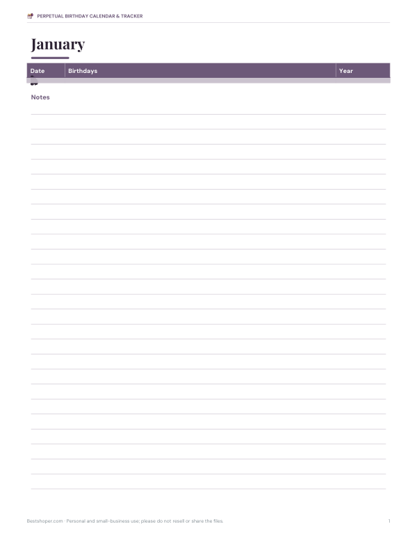 Preview of Printable Perpetual Birthday Calendar