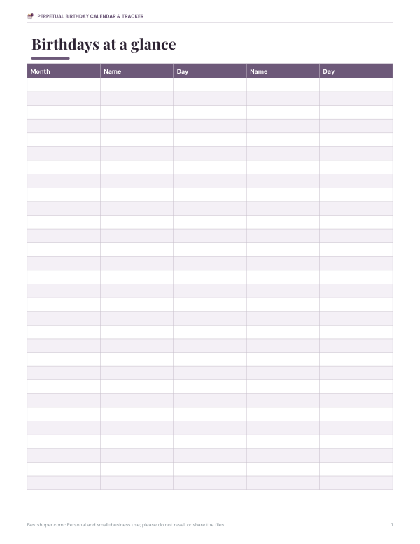 Preview of Printable Year-at-a-Glance Birthday List
